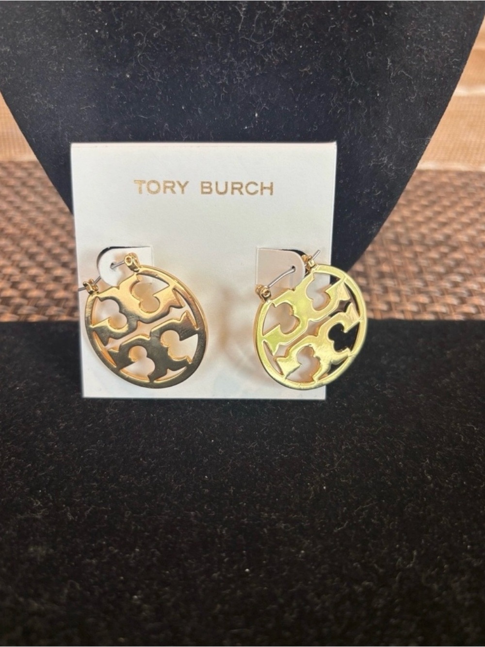 Tory Burch Gold Openwork Logo Hoop Earrings - Picture 2 of 4